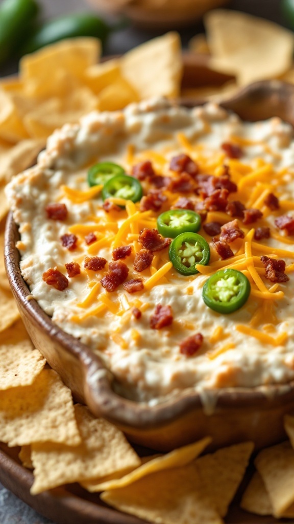Creamy jalapeño popper dip topped with cheese and bacon, served with tortilla chips.